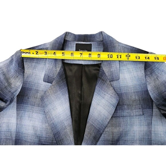 Smythe Blazer 100% Linen Shadow Plaid Tartan Blue Black Half Sleeve Pockets - Picture 11 of 16